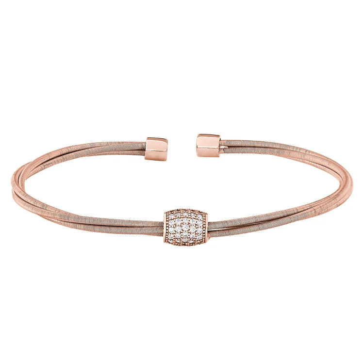 Rose Gold Finish Sterling Silver Three Cable Cuff Bracelet with Five Row Simulated Diamond Barre