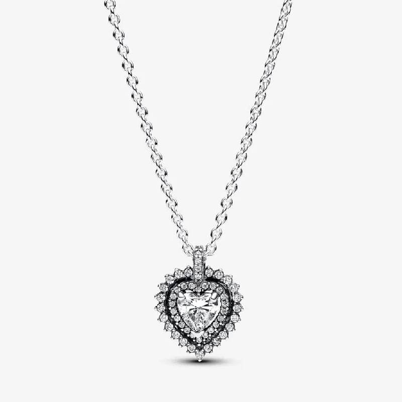 Ladies Necklaces with Grey Hematite-PANDORA : Sparkling Heart Halo Pendant Necklace - Sterling Silver