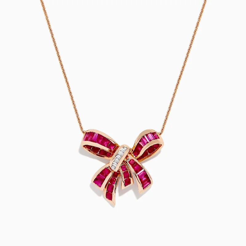 Ladies Necklaces for Elder Spark-Ruby Royale 14K Rose Gold Ruby and Diamond Bow Necklace, 2.97 TCW