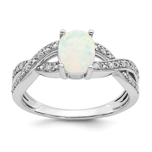 Ladies adjustable gleam rings -14k White Gold Oval Created Opal And Diamond Infinity Inspired Ring