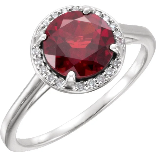 Ladies rugged charm rings -14k Gold 8mm Round Mozambique Garnet and .05CTW Diamond Halo Ring