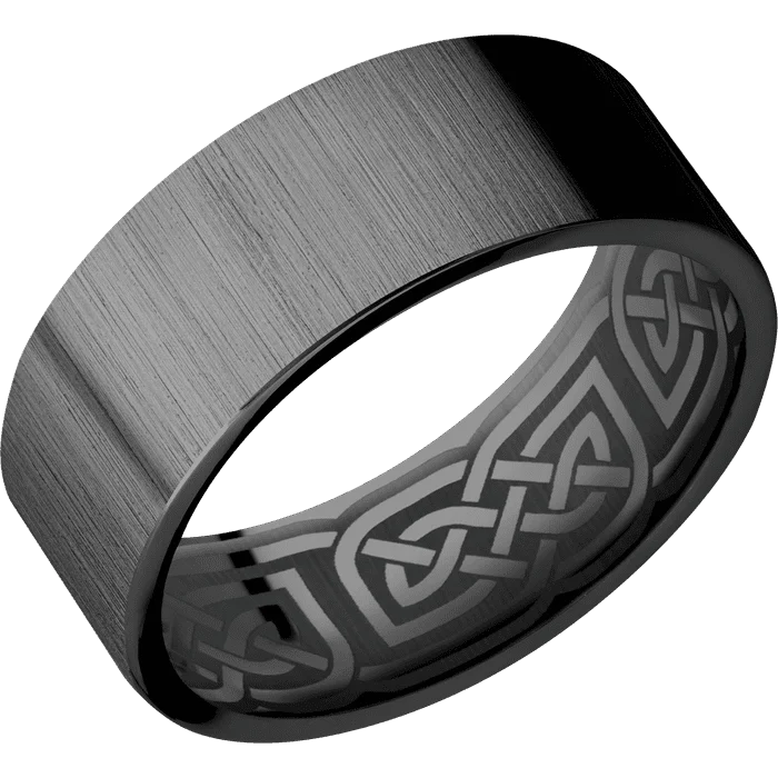 Ladies horse gallop rings -8mm wide Flat Black Titanium Ring with Cross Satin Black Finish / None Interior Pattern