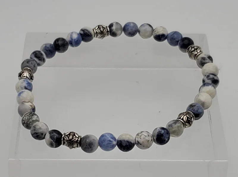 ladies rose gold bracelets leaf design -Sodalite Beaded Stretch Bracelet