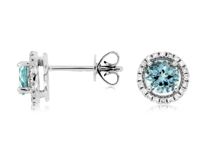 Ladies whisper-light earrings -14K White Gold Round Aquamarine with Diamond Halo Stud Earrings