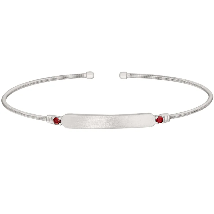 ladies sterling silver bracelets with stones -Rhodium Finish Sterling Silver Cable Cuff Bracelet with Name Plate and Simulated Ruby Birth Gems - July