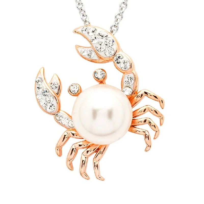 Ladies Necklaces for Special Spark-Ocean : Sterling Silver Pearl Crab Necklace with White Crystals and Rose Gold