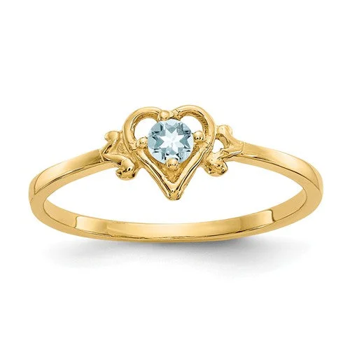 Ladies Celtic braid rings -14k Yellow Gold Genuine Aquamarine March Birthstone Heart Ring