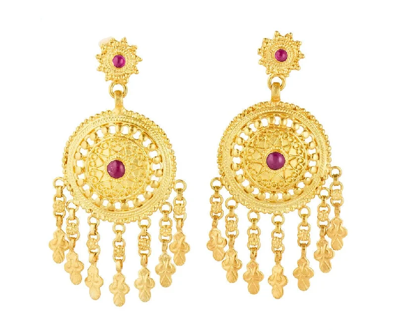 Ladies effortless daily earrings -Ruby Cabochon Handmade Indian Filigree Dangle Earrings in 22K