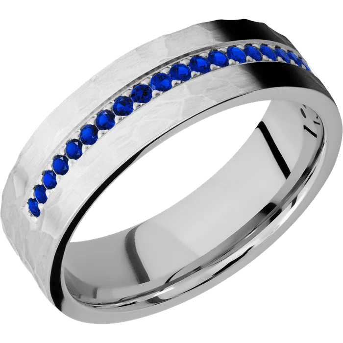 Ladies vintage grace rings -7mm wide Flat Cobalt Chrome Ring with Hammer Finish / Half Eternity Round .015 carat Sapphire Bead-Set Gemstones