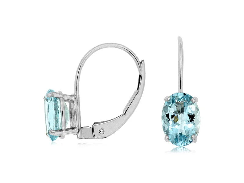 Ladies angular geometric earrings -14k White Gold Oval Aquamarine Leverback Earrings w3686q