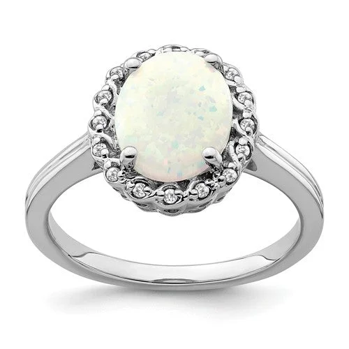 Ladies companion bond rings -14k White Gold 10x8mm Oval Created Opal And Diamond Halo Ring