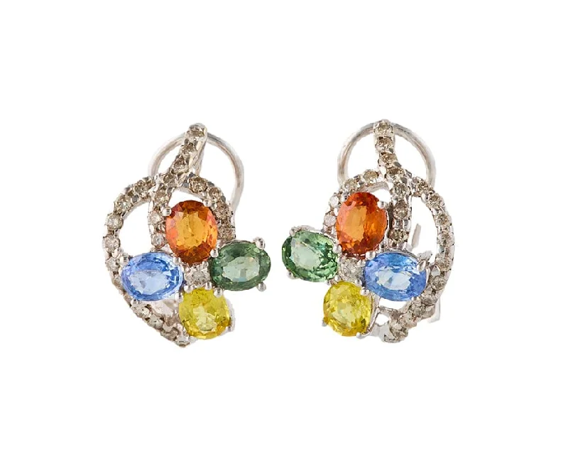 Ladies bold red earrings -Multi Colored Sapphire and 0.30ctw Diamond J Hoop Earrings in 14K