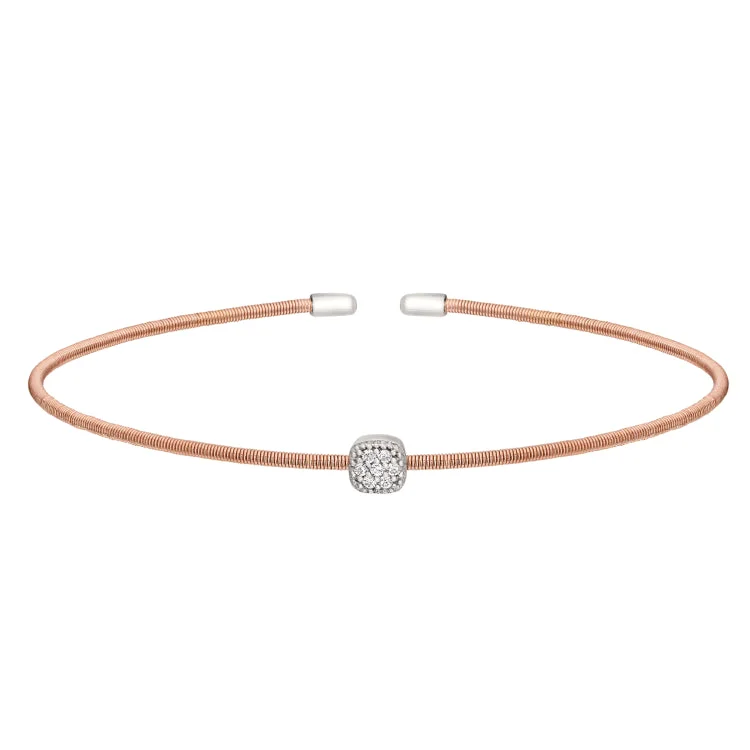 rose gold bracelets for women with charms -Rose Gold Finish Sterling Silver Single Cable Cuff Bracelet with Rhodium Finish Simulated Diamonds