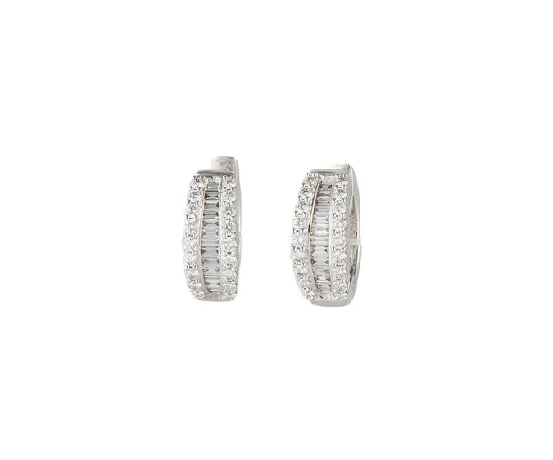 Ladies birthstone shine earrings -1.35ctw Baguette and Round Diamond Frame Huggie Hoop Earrings in 14K