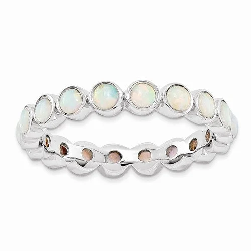 Ladies sparkling diamond rings -Sterling Silver Stackable Expressions Round Created Opal Eternity Ring