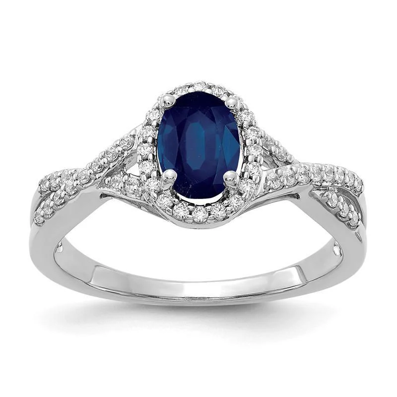 Ladies jet black rings -14k White Gold Genuine Blue Sapphire Oval & Diamond Halo Twist Ring