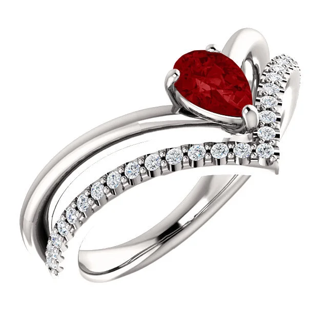 Ladies airy titanium rings -14K White Yellow or Rose Gold Lab Created Ruby Pear & 1/6 CTW Diamond Double V Ring