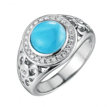 Ladies dog paw rings -Sterling Silver Alamea Round Larimar CZ Halo Filigree Ring