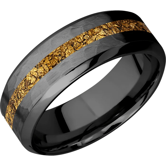 Ladies rugged charm rings -8mm wide High Bevel Black Titanium Ring with Hammer Finish / One 2mm Centered 24k Raw Gold Nugget Inlay