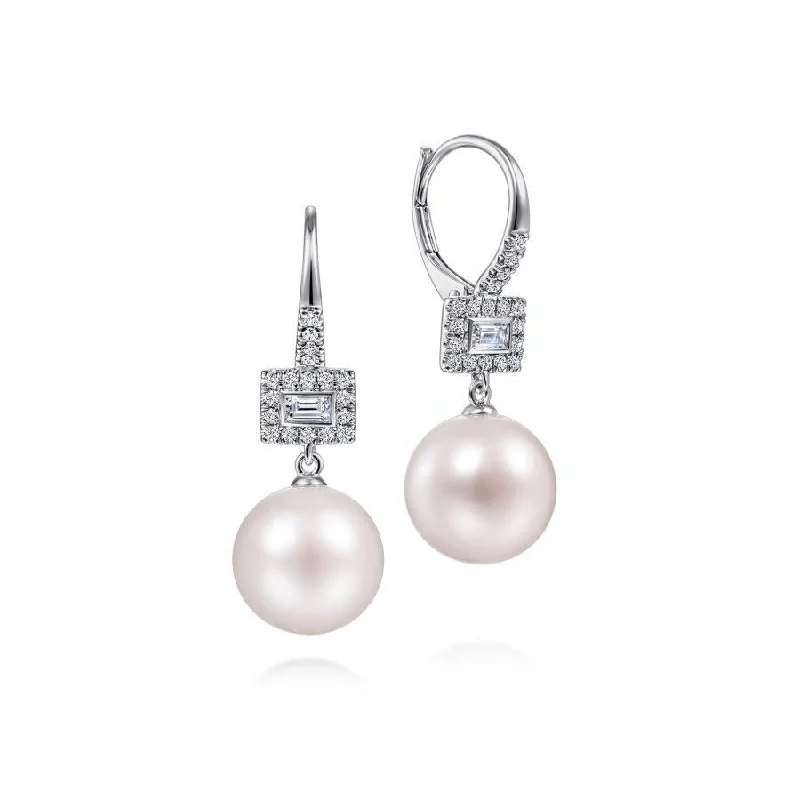 Ladies tranquil sapphire earrings -Gabriel & Co. - EG14263W45PL - 14K White Gold Diamond and Pearl Drop Earrings