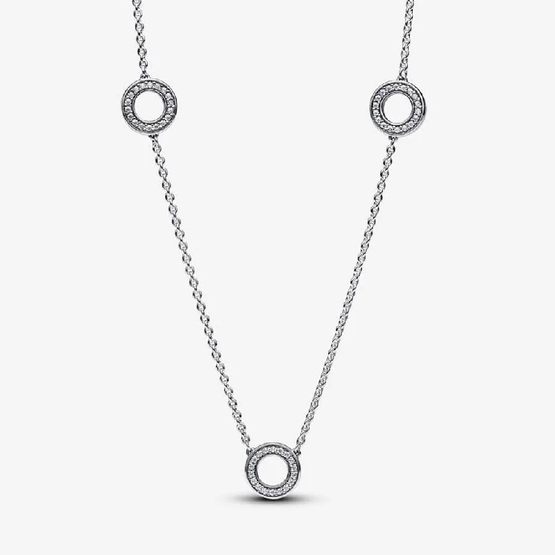 Ladies Necklaces with White Leucite-PANDORA : Pavé Circles Chain Necklace - Sterling Silver