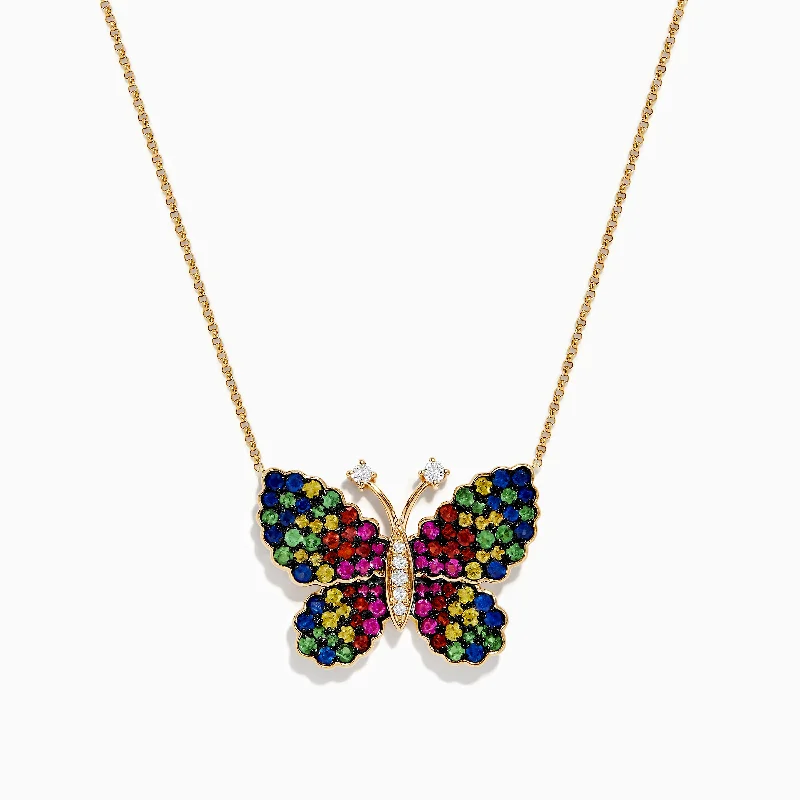 Ladies Necklaces with Soft Morganite-Watercolors 14 Karat Yellow Gold Multi Sapphire Butterfly Necklace