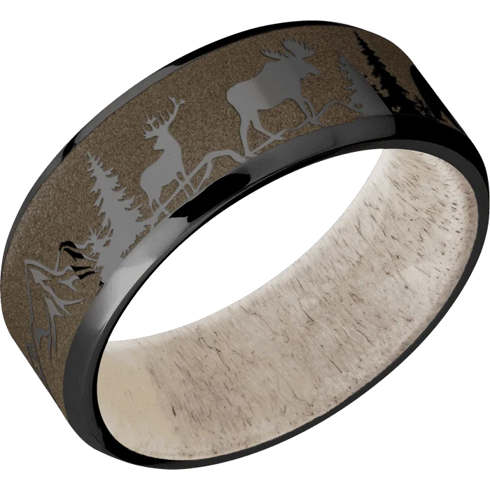 Ladies light touch rings -8mm wide Beveled Black Titanium Ring with Polish Finish / Bear Moose Deer Mountain Design and Burnt Bronze Cerakote Accents / Antler Sleeve