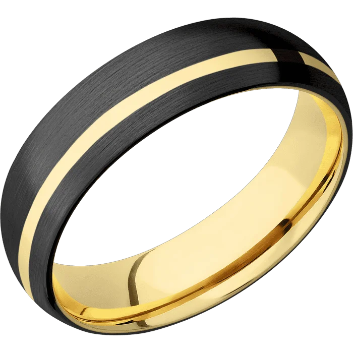 Ladies triangular glow rings -6mm wide Domed Black Zirconium Ring with Satin Finish / One 1mm Off Center 14k Yellow Gold Inlay with Polish Finish / 14k Yellow Gold Sleeve