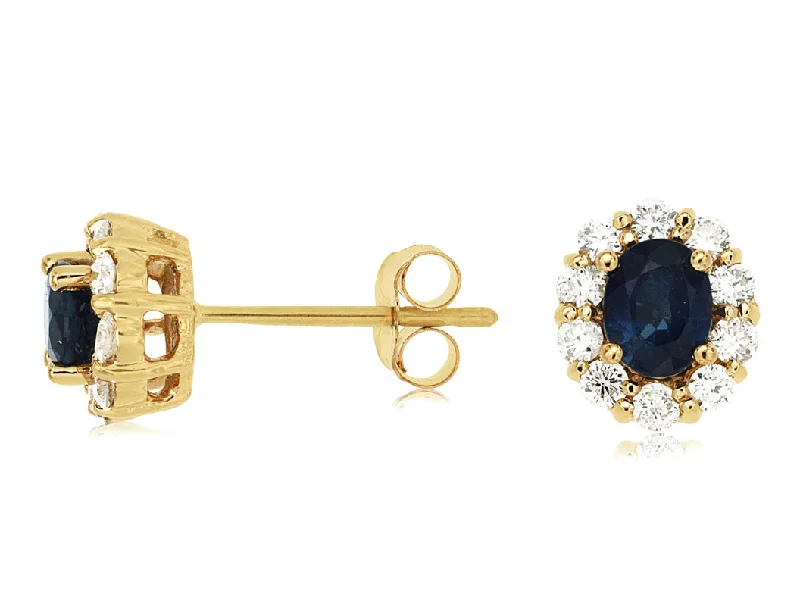 Ladies enamel hue earrings -14K Yellow Gold Oval Blue Sapphire with Diamond Halo Stud Earrings