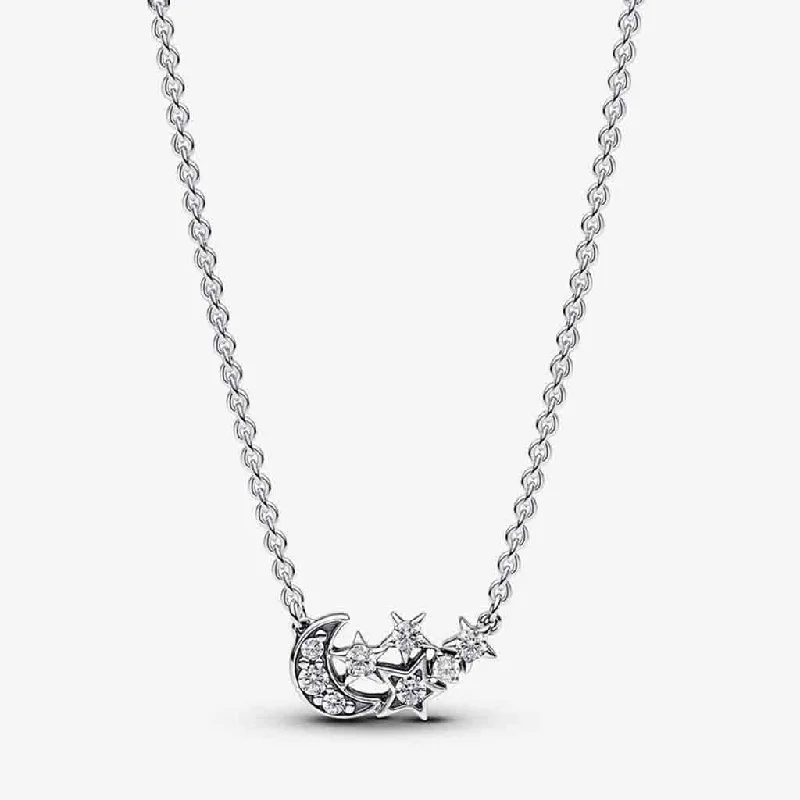 Ladies Necklaces for Daily Spark-PANDORA : Sparkling Moon & Star Collier Necklace