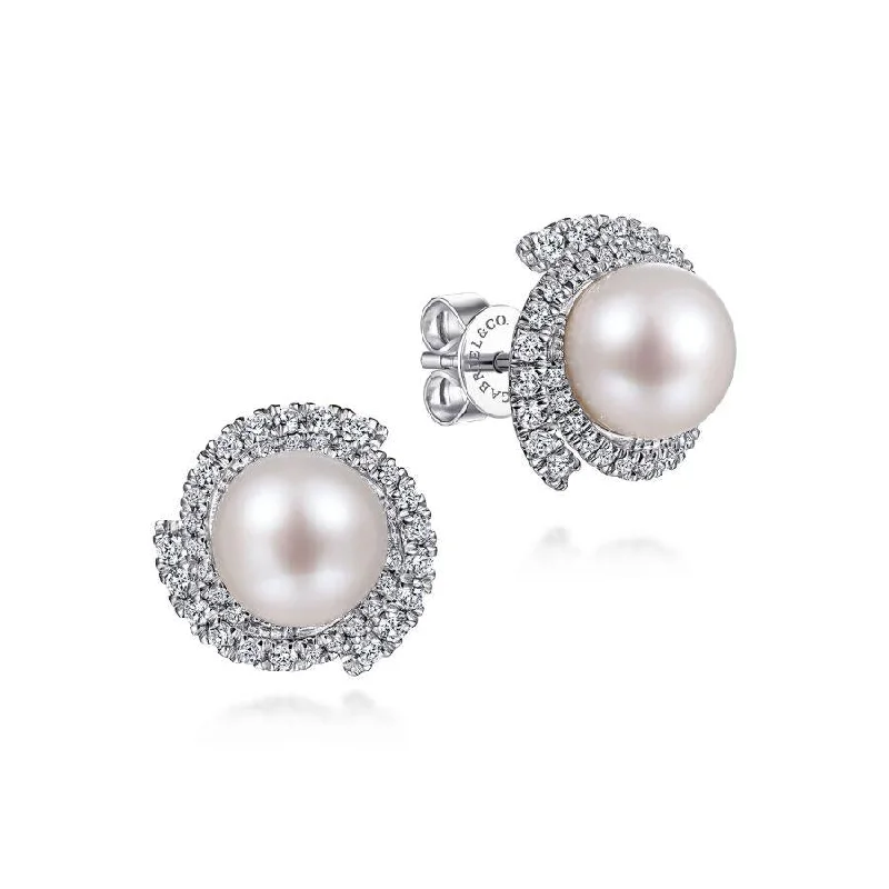 Ladies leaf gleam earrings -Gabriel & Co. - EG13669W45PL - 14K White Gold Round Cultured Pearl Swirling Diamond Halo Stud Earrings