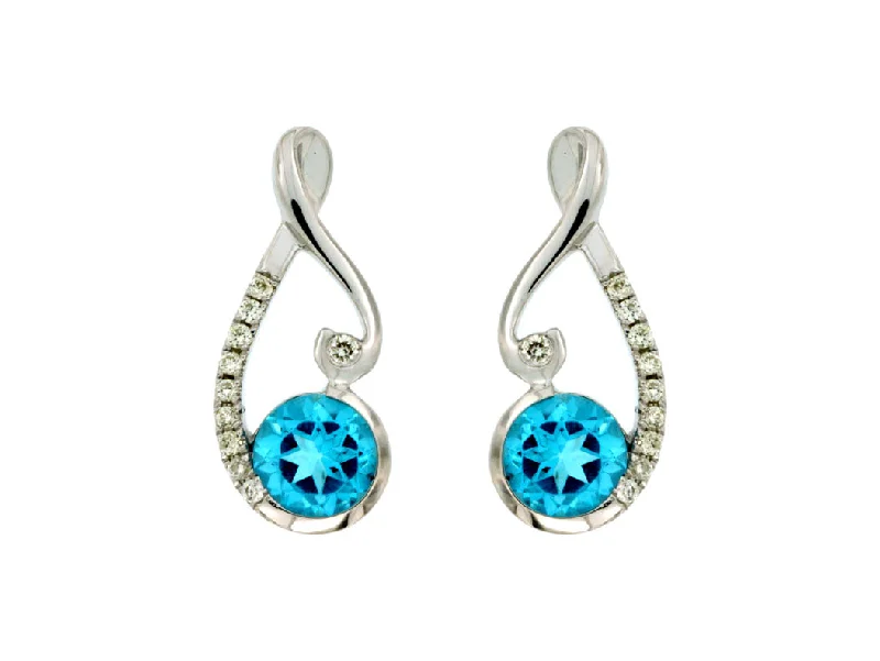 Ladies eye-catching bold earrings -14k White Gold Round Blue Topaz and Diamond Dangle Earrings wc6766b