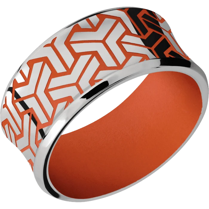 Ladies bright acrylic rings -10mm wide Concave Bevel Titanium Ring with Polish Finish / Geoweave Large Design and Hunter Orange Cerakote Accents / Hunter Orange Cerakote Sleeve