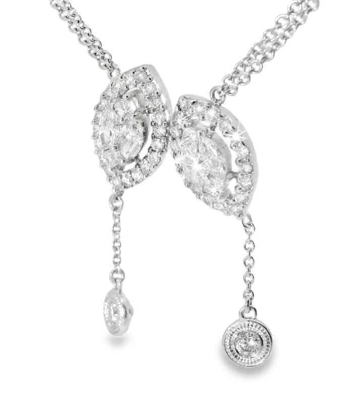 Ladies Necklaces with Ruby Shine-14K White Gold Diamond Lariat Cluster Station Designer Pendant Slide Necklace