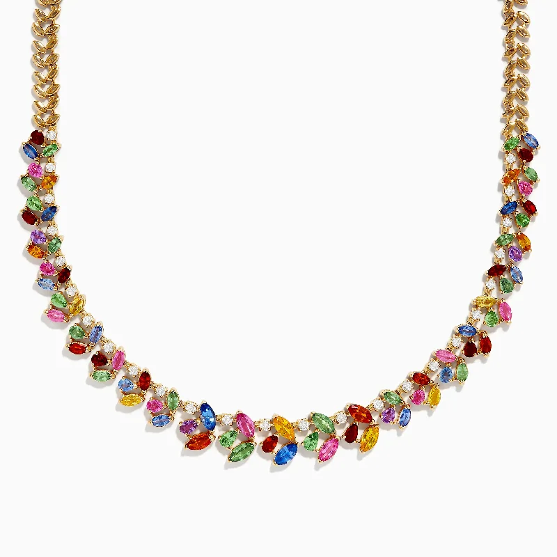 Ladies Necklaces with Yellow Heliodor-Watercolors 14K Yellow Gold Multi Sapphire and Diamond Necklace