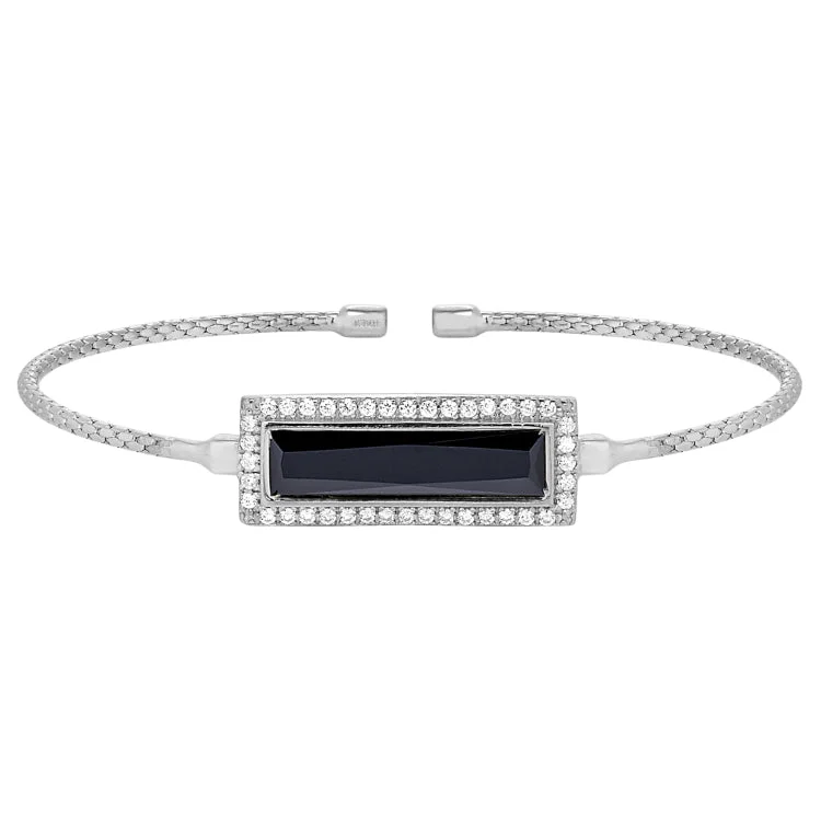 ladies bracelets sunburst charms -Rhodium Finish Sterling Silver Cable Cuff Bracelet with Rectangular Simulated Onyx Stone and Simulated Diamonds