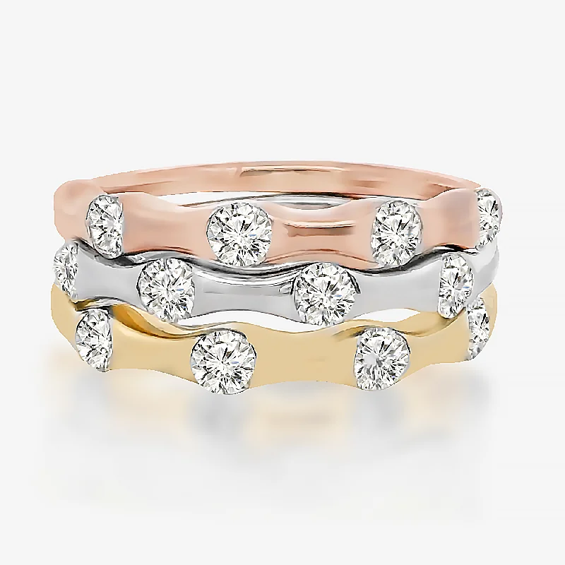 Ladies slender solitaire rings -Tricolored Stackable Diamond Burnished Ring