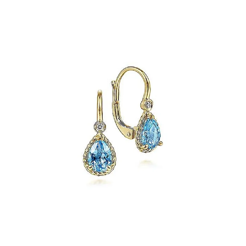 Ladies beach wave earrings -Gabriel & Co 14k Yellow Gold Blue Topaz and Diamond Drop Earrings