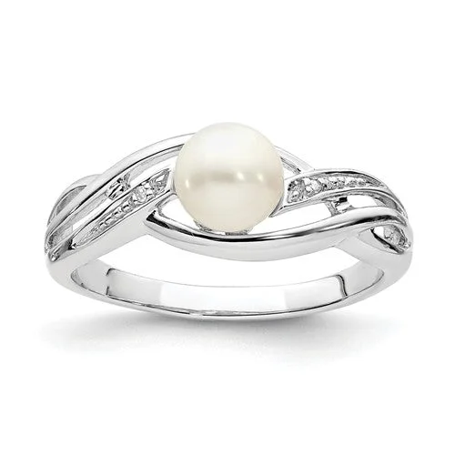 Ladies textured leather rings -Sterling Silver Diamond And Freshwater Cultured Pearl Ring