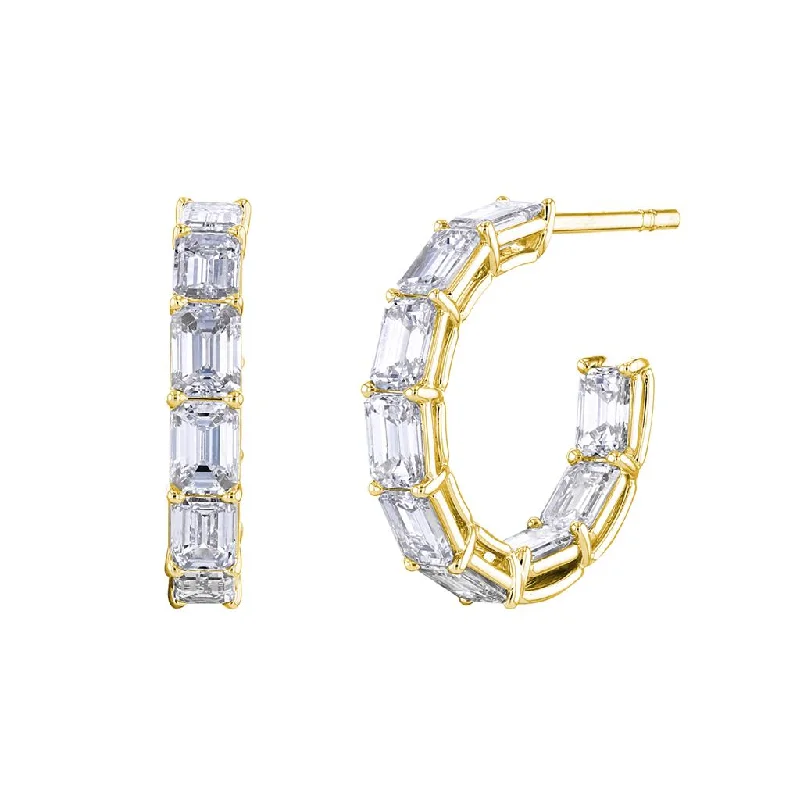 Ladies rosy gold earrings -14k Yellow Gold Emerald Cut Diamond Shared Prong Hoop Earring - 4.39cttw