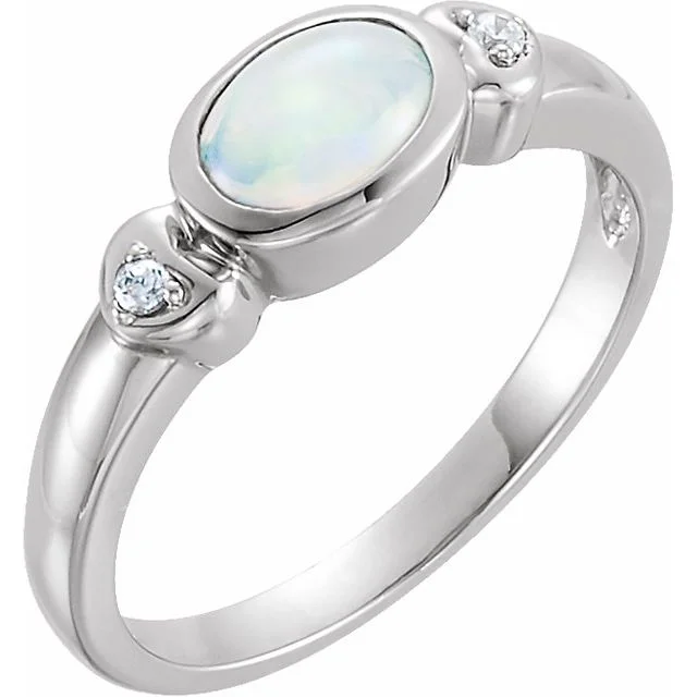 Ladies horse gallop rings -14k White Gold Bezel Oval Genuine Australian Opal & Diamond Hearts Ring