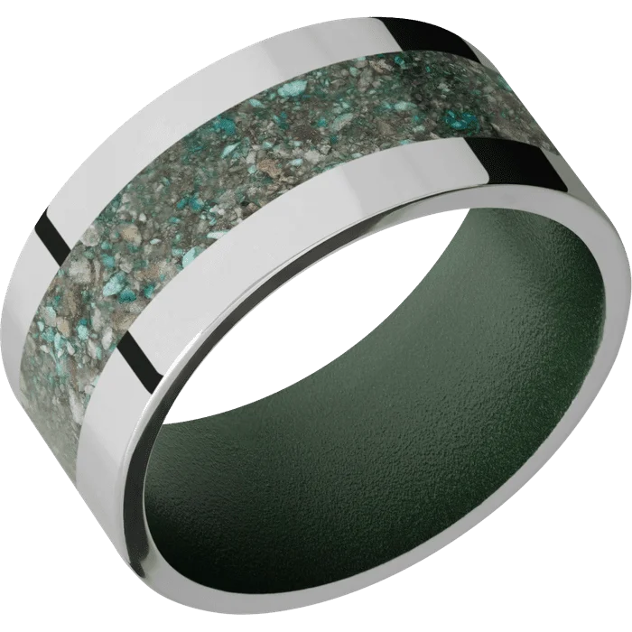 Ladies squared charm rings -10mm wide Flat Titanium Ring with Polish Finish / One 5mm Centered Ocean Jasper Inlay / Highland Green Cerakote Sleeve