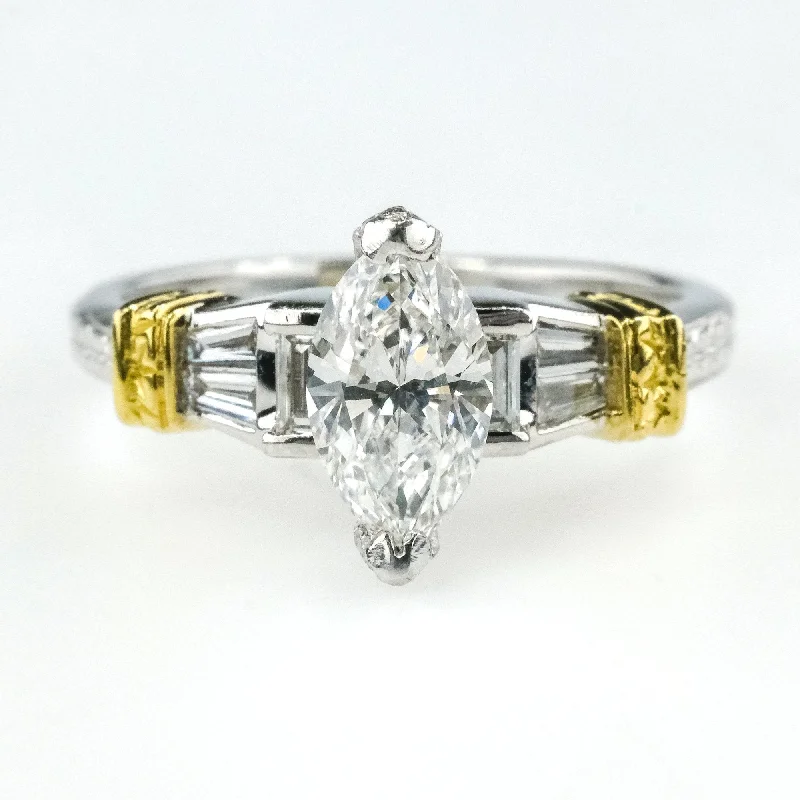 Ladies uneven edge wedding rings -1.00ct EGL Marquise Diamond VVS2/F & Side Accented Engagement Ring 18K Two Tone