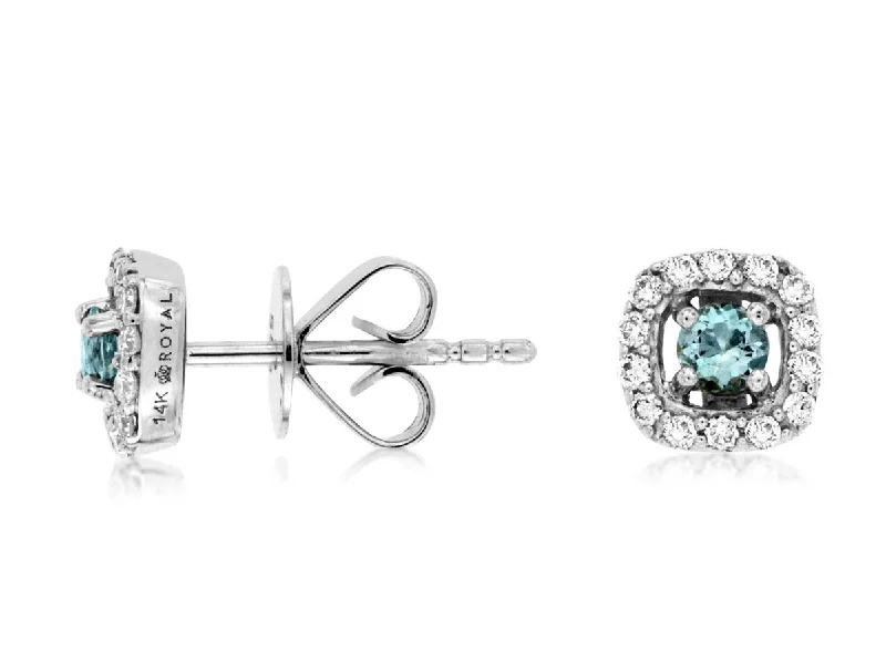 Ladies horse gallop earrings -14K White Gold Round Aquamarine Diamond Cushion Halo Stud Earrings