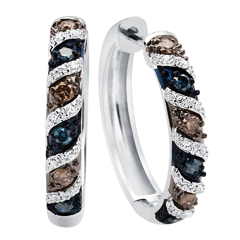 Ladies luxurious gleam earrings -14K White Gold Blue and Brown Color Diamond Hoop Earrings