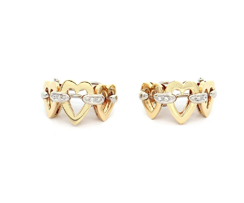 Ladies budget sparkle earrings -0.20ctw Diamond Heart Linked Two Tone Omega Back Earrings in 18K