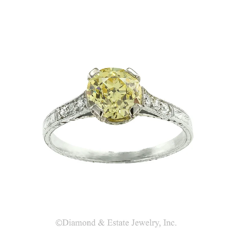 Ladies carefree boho wedding rings -Art Deco 1.20 Carat Fancy Yellow Diamond Platinum Engagement Ring