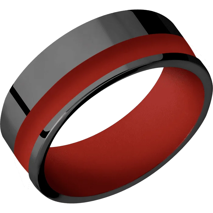 Ladies delicate floral rings -8mm wide Flat Black Titanium Ring with Polish Finish / One 3mm Off Center Red Apple Cerakote Inlay / Red Apple Cerakote Sleeve