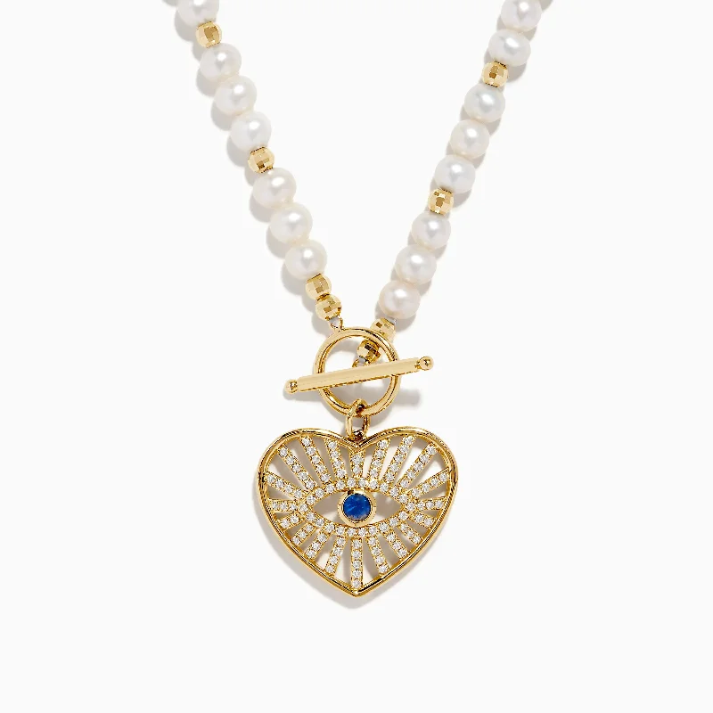 Ladies Necklaces with Etched Spark-14K Yellow Gold Fresh Water Pearl Sapphire and Diamond Necklace