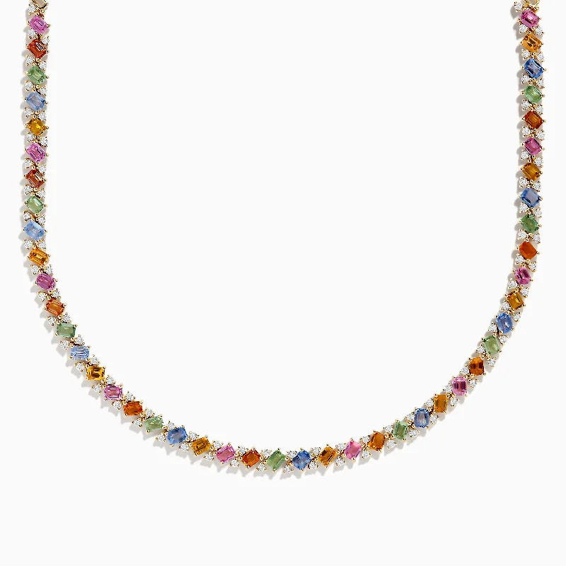 Ladies Necklaces with Blue Jeremejevite-Watercolors 14K Yellow Gold Multi Sapphire and Diamond Necklace